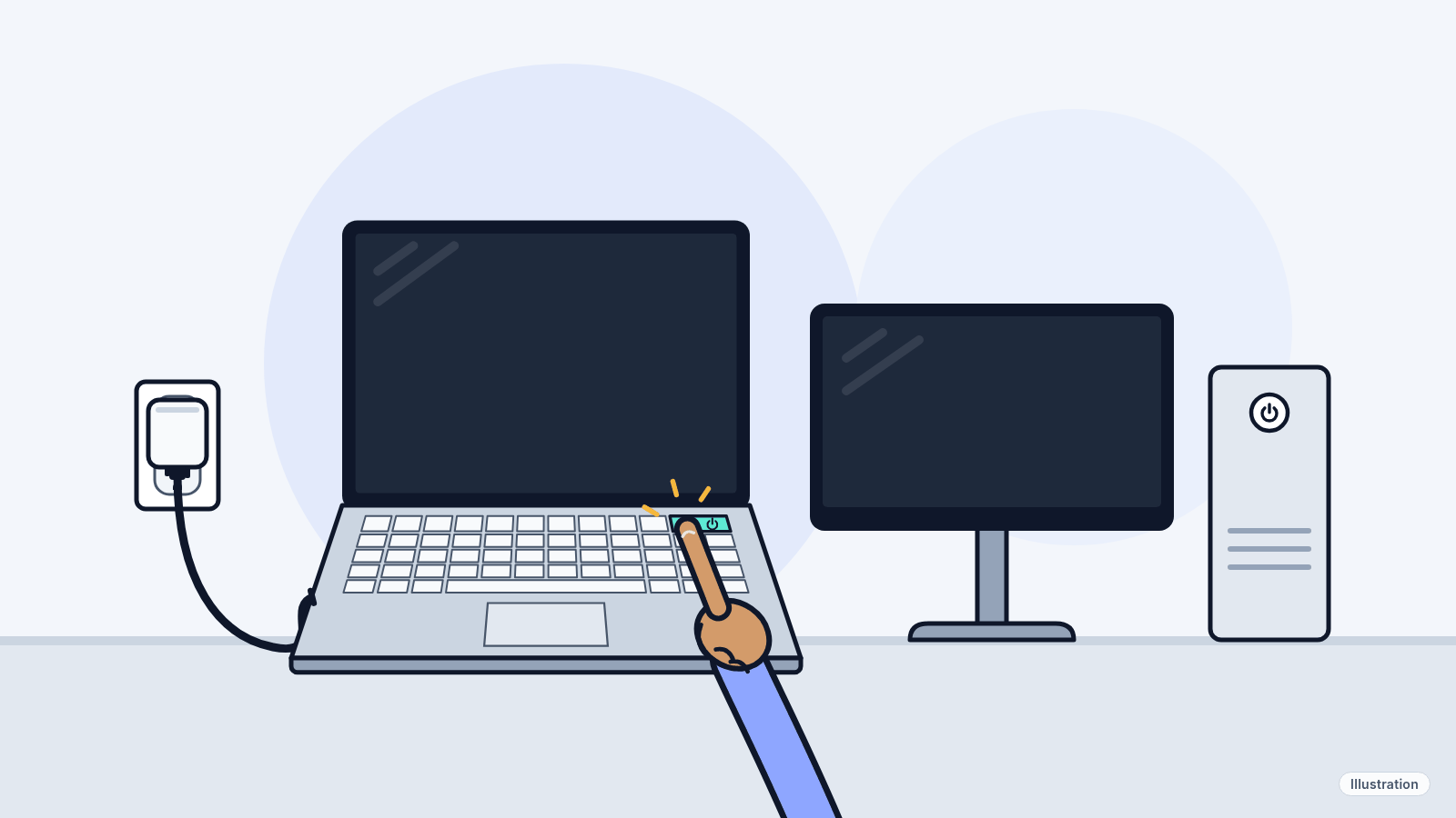 Illustration: a laptop and a desktop computer with dark screens on a desk, with a charger plugged straight into a wall outlet and a finger on the laptop's power button.
