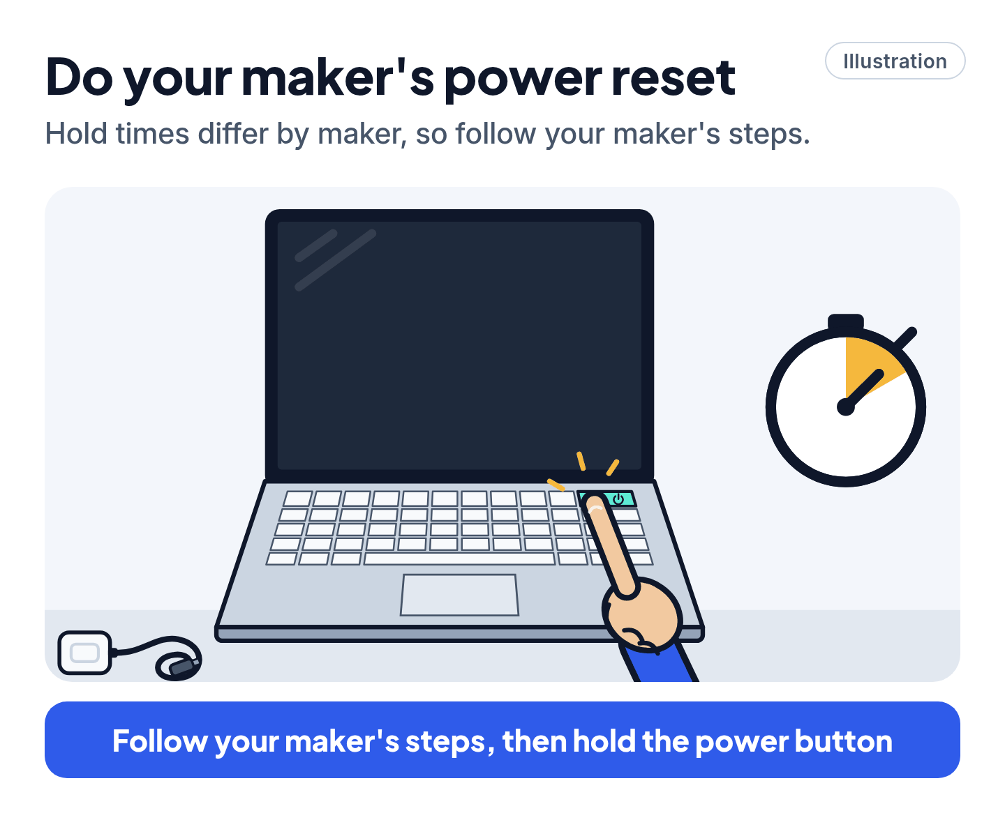 Illustration of a laptop with a dark screen and its charger lying beside it, a finger holding down the power button next to a stopwatch, and the caption Follow your maker's steps, then hold the power button.