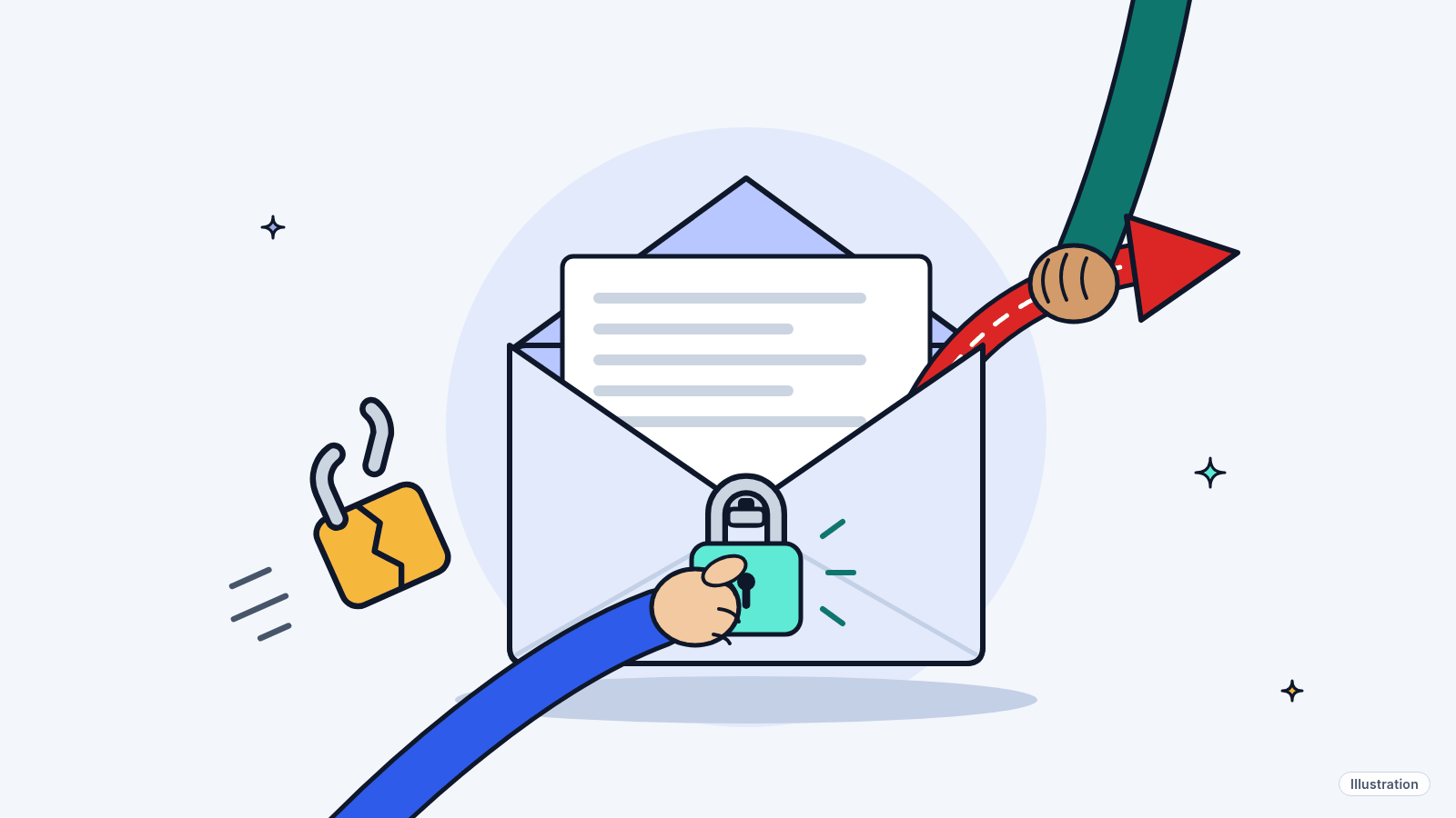 Illustration: an open envelope with a broken padlock being fitted with a new, closed padlock, and a hand pulling a hidden forwarding arrow out of it.