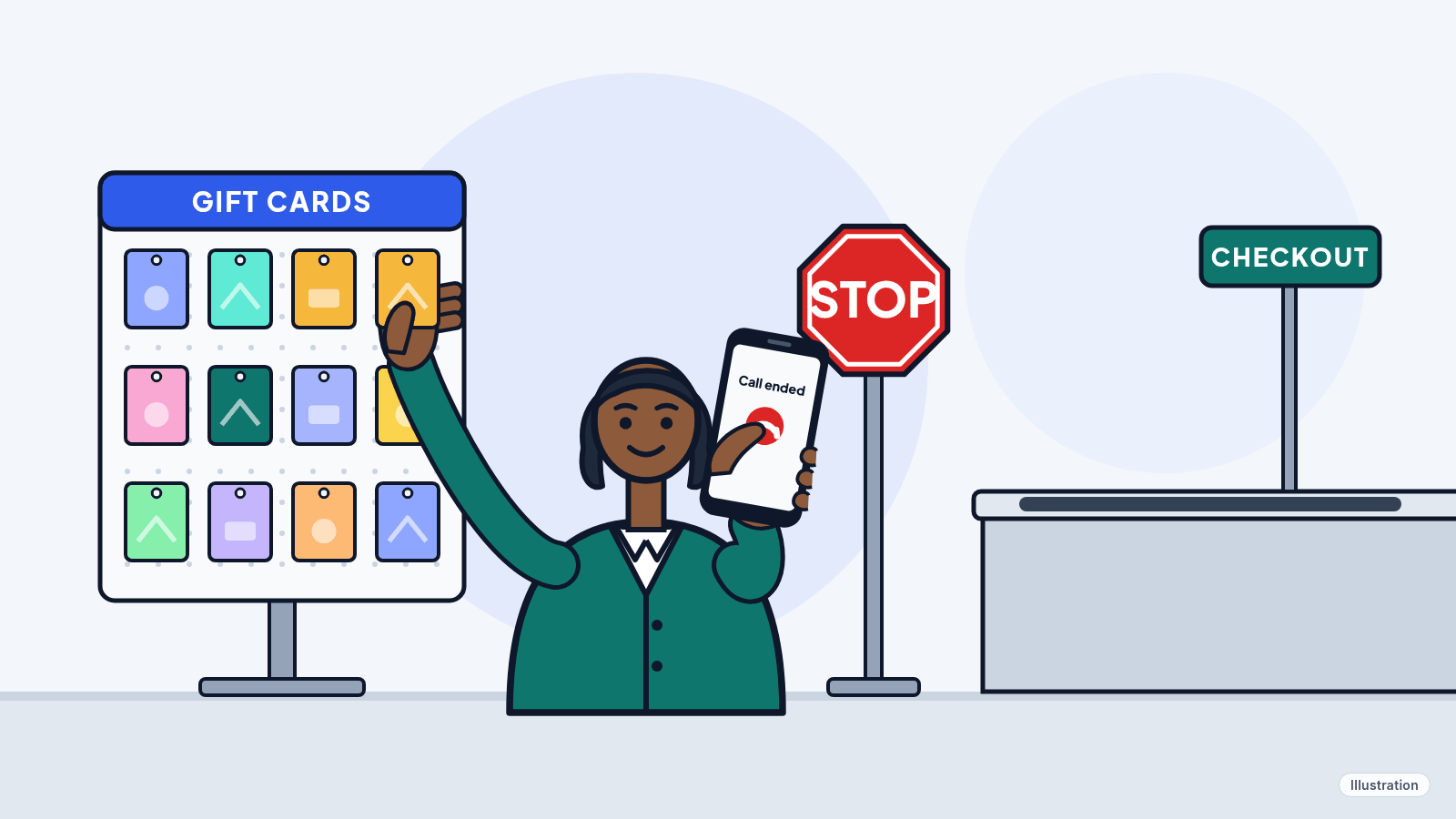 Illustration: a person at a store checkout putting a gift card back on the rack while hanging up a phone, with a stop sign beside them.