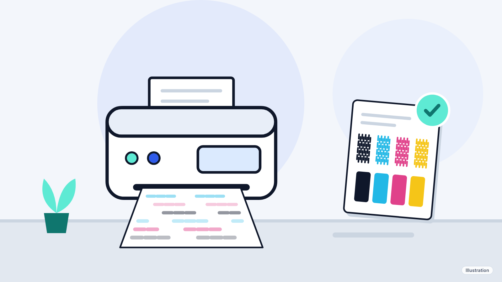 Illustration: a home inkjet printer pushing out a page with faint streaks and gaps, next to a clean test page with a tick.