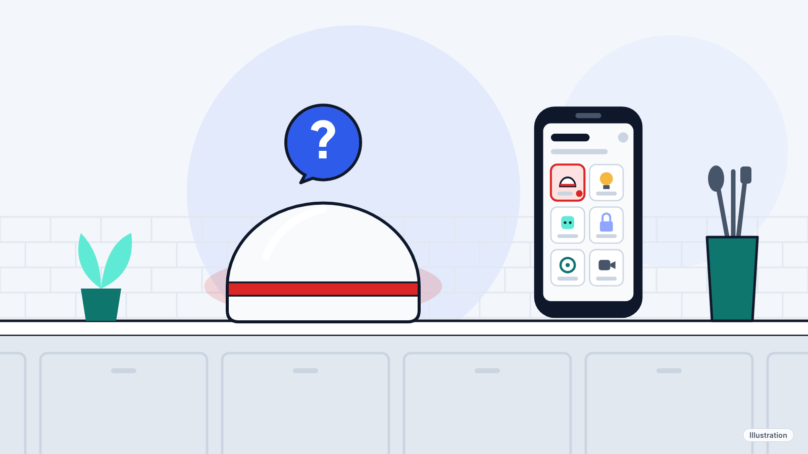 Illustration: a round smart speaker on a kitchen counter with a red light ring and a question mark above it, next to a phone showing a smart home app.