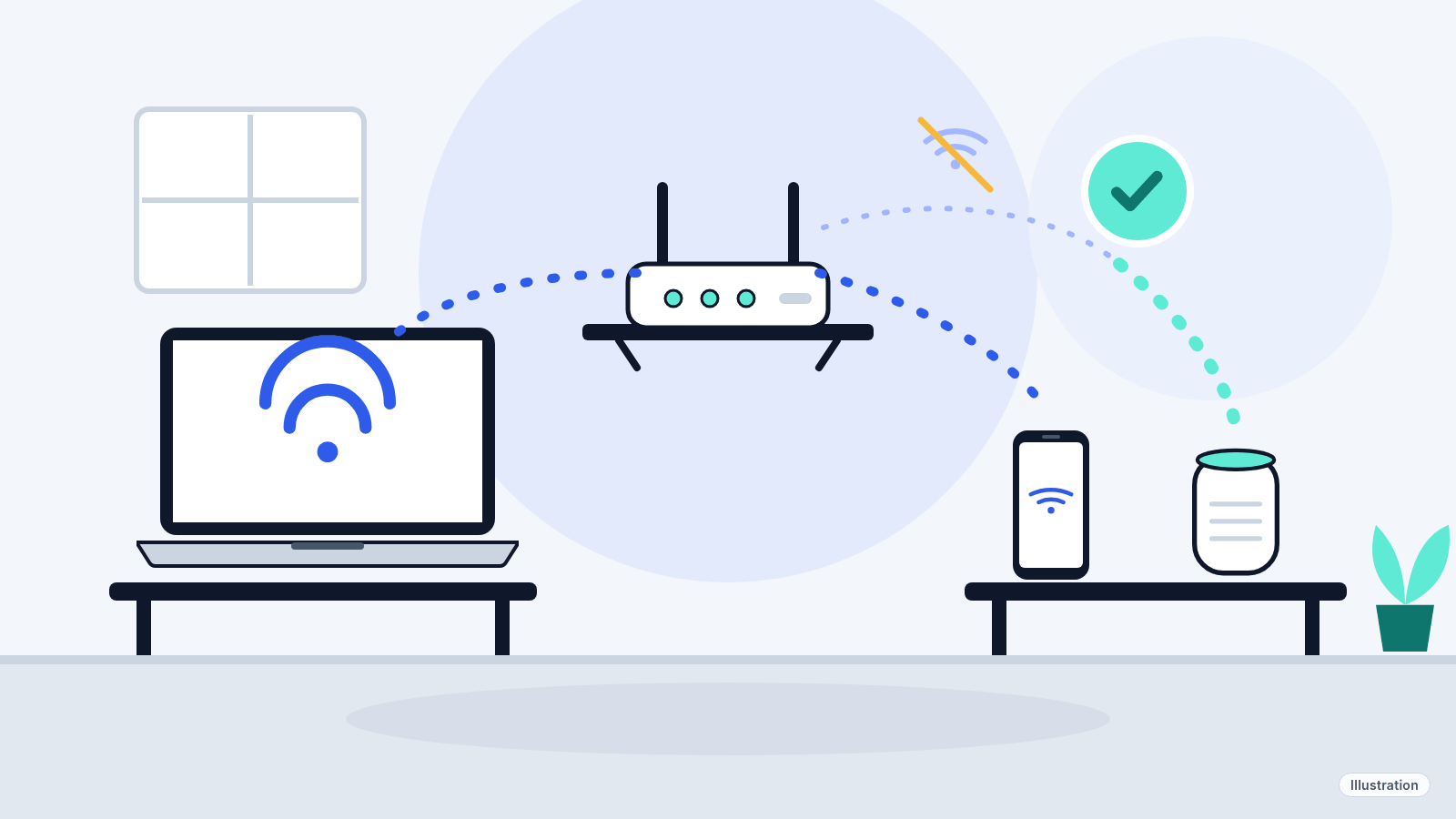 Illustration: a home Wi-Fi router with signal waves reaching a phone, a laptop and a smart speaker, with one weak wave turning strong.