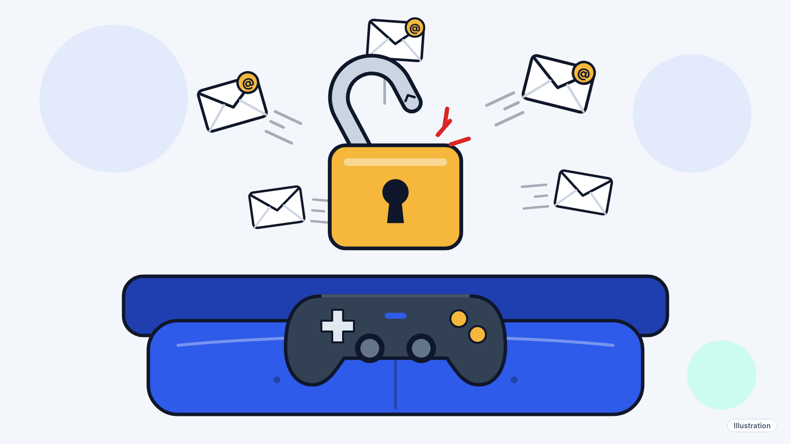Illustration: a generic game controller on a couch cushion under a broken-open padlock, with envelopes flying out.