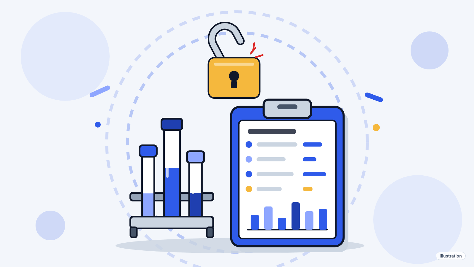 Illustration: a lab test tube next to a clipboard of medical results, under a broken-open padlock.