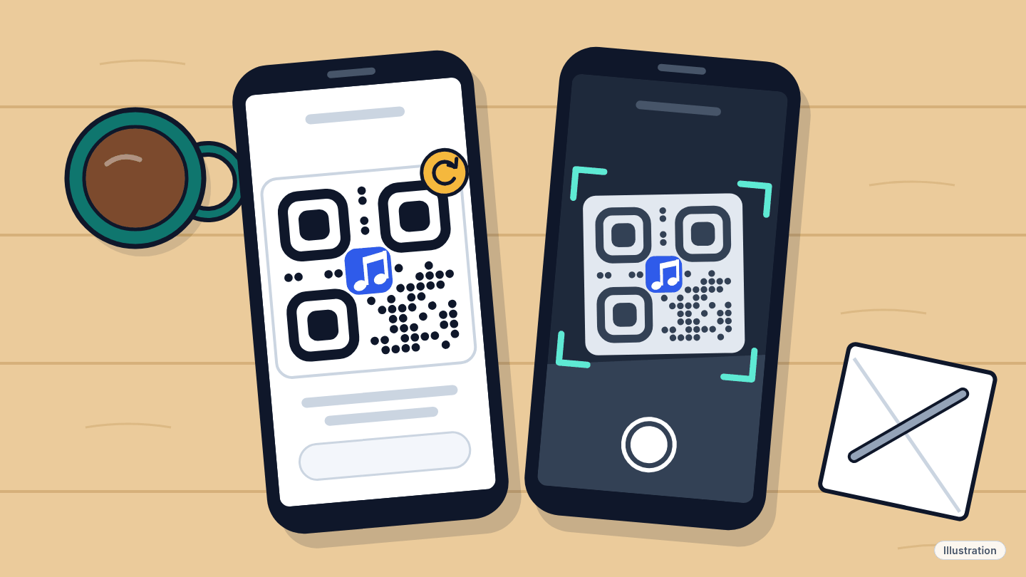 Illustration: two phones lie side by side on a kitchen table next to a coffee mug. One shows a QR code with a small refresh icon, and the other's camera viewfinder frames the code.
