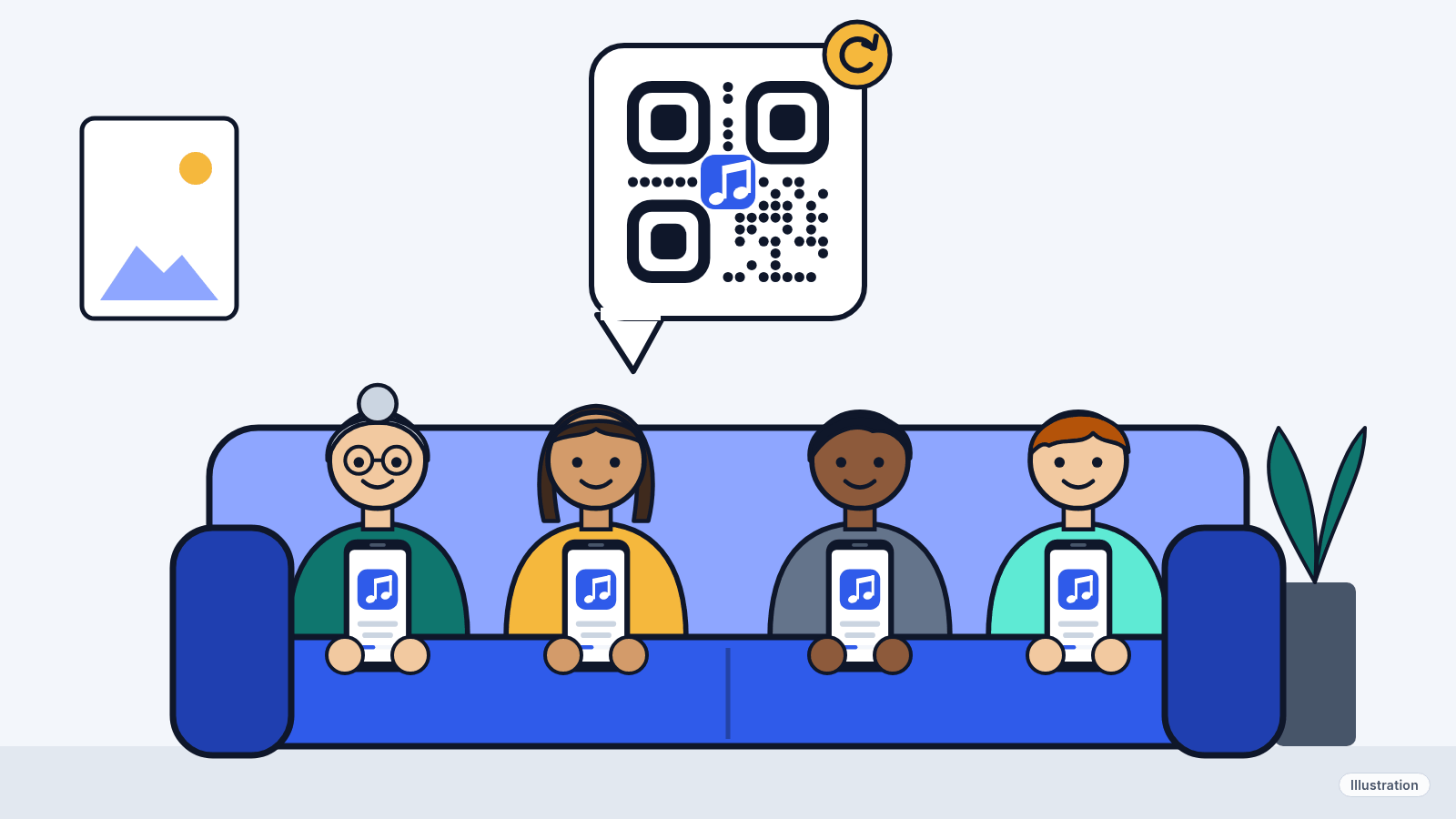 Illustration: a family of different ages on a couch, each holding a phone, with one QR code floating above them like a speech bubble.